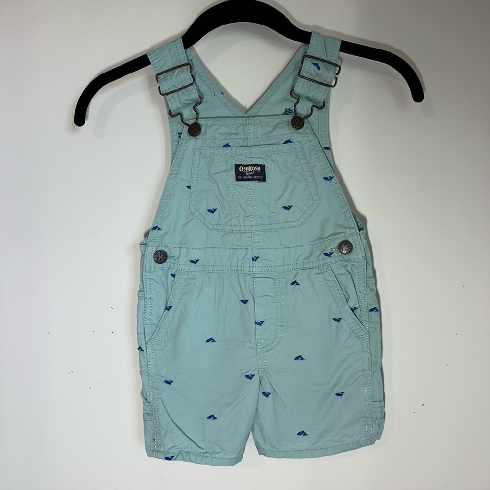 Oshkosh Baby Boy Mint Blue Overalls Shortalls Embroidered Whales Sz 2T